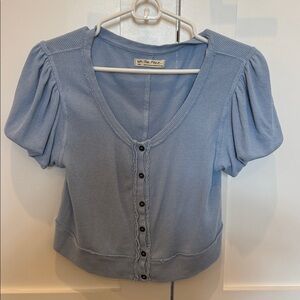 Free People Molly Button Down Puff Sleeve Baby Blue Crop Top small
